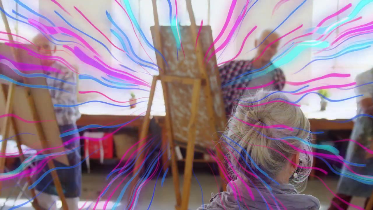 Front woman turning toward center easel while instructor gesturing, teaching art with radiant lines