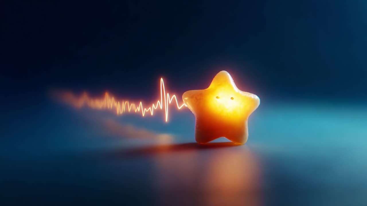 Un personaggio stella animato accattivante, adornato da un'aura luminosa, che emana fascino ed energia, su uno sfondo uniforme con un design digitale a impulsi di battito cardiaco che ne evidenzia l'essenza vibrante