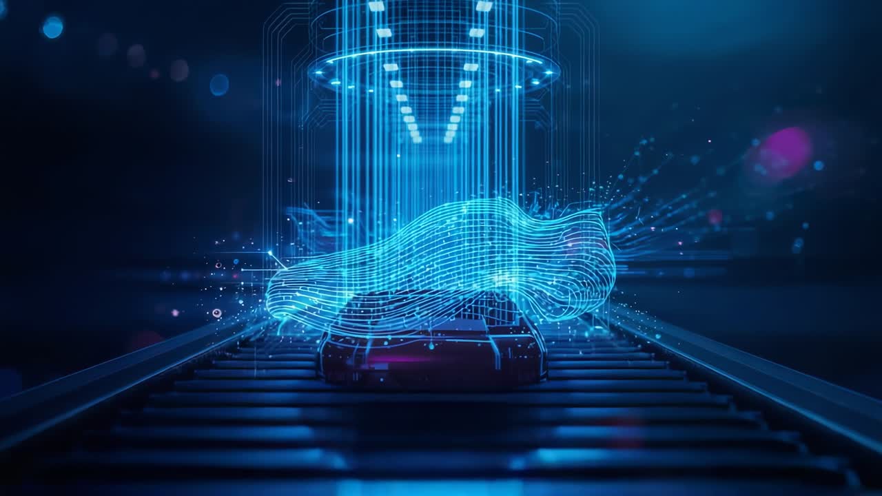 Ring-shaped scanner scanning platform on belt in bay, forming car mesh with cascading data streams