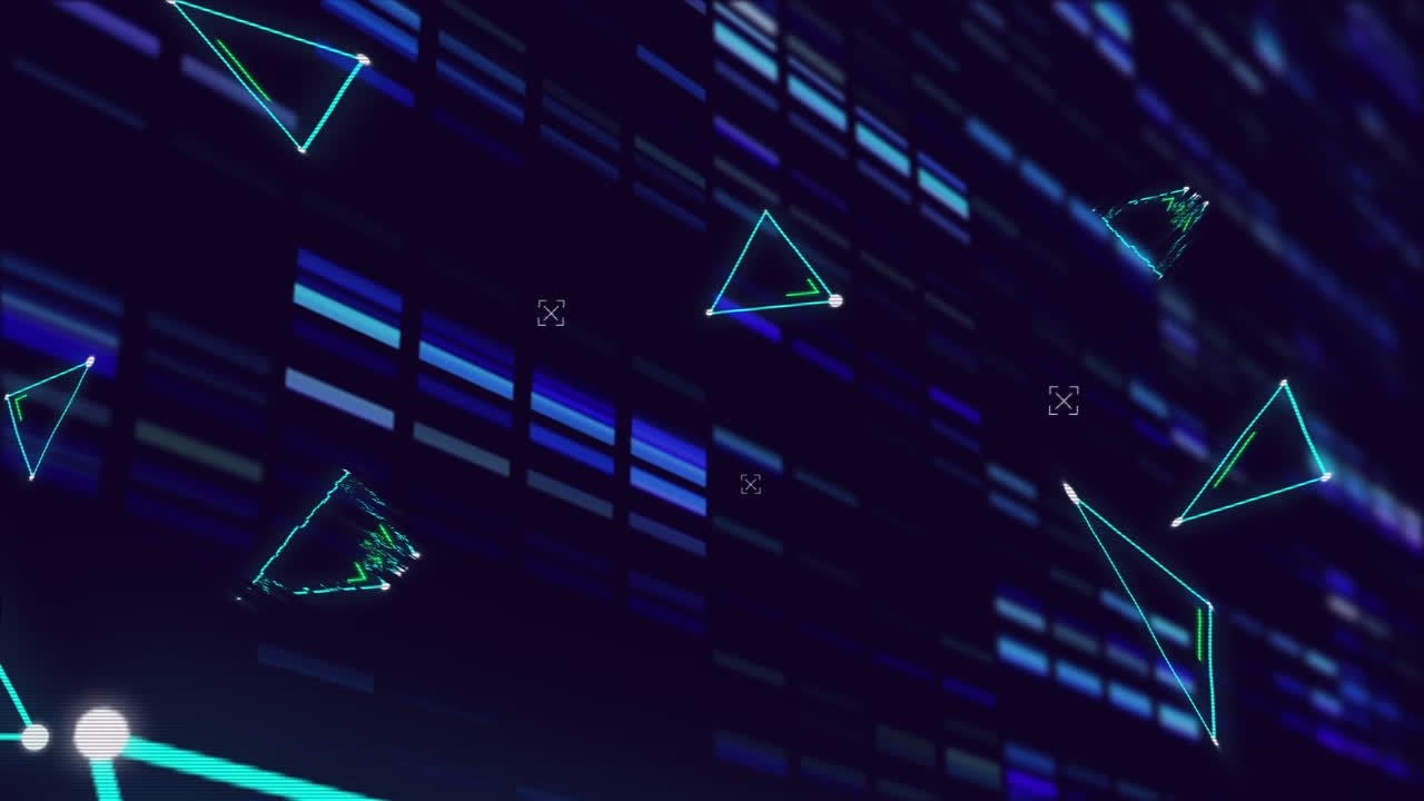 animación de múltiples triángulos verdes sobre rectángulos azules que parpadean