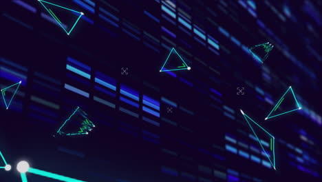 animation of multiple green triangles over flashing blue rectangles