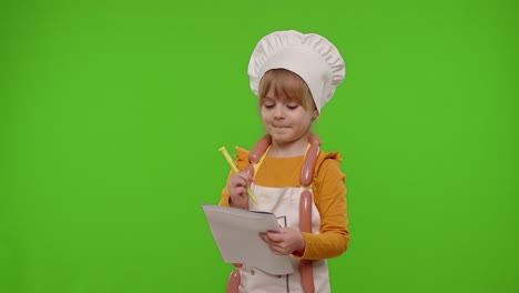 Child-girl-kid-cook-chef-writing-with-pen-in-notebook-new-recipe-standing-over-chroma-key-background