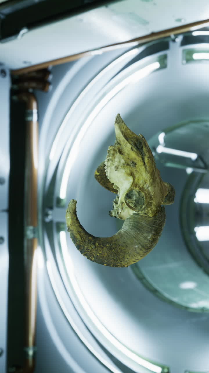 Unique ram skull artfully displayed in a futuristic sci fi environment