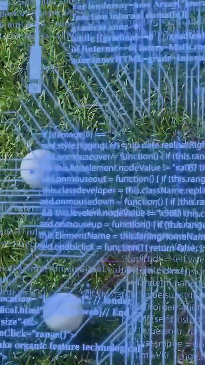 Vertical video: Neon traces forming across grass as blue lines, code filling, balls moving, mapping