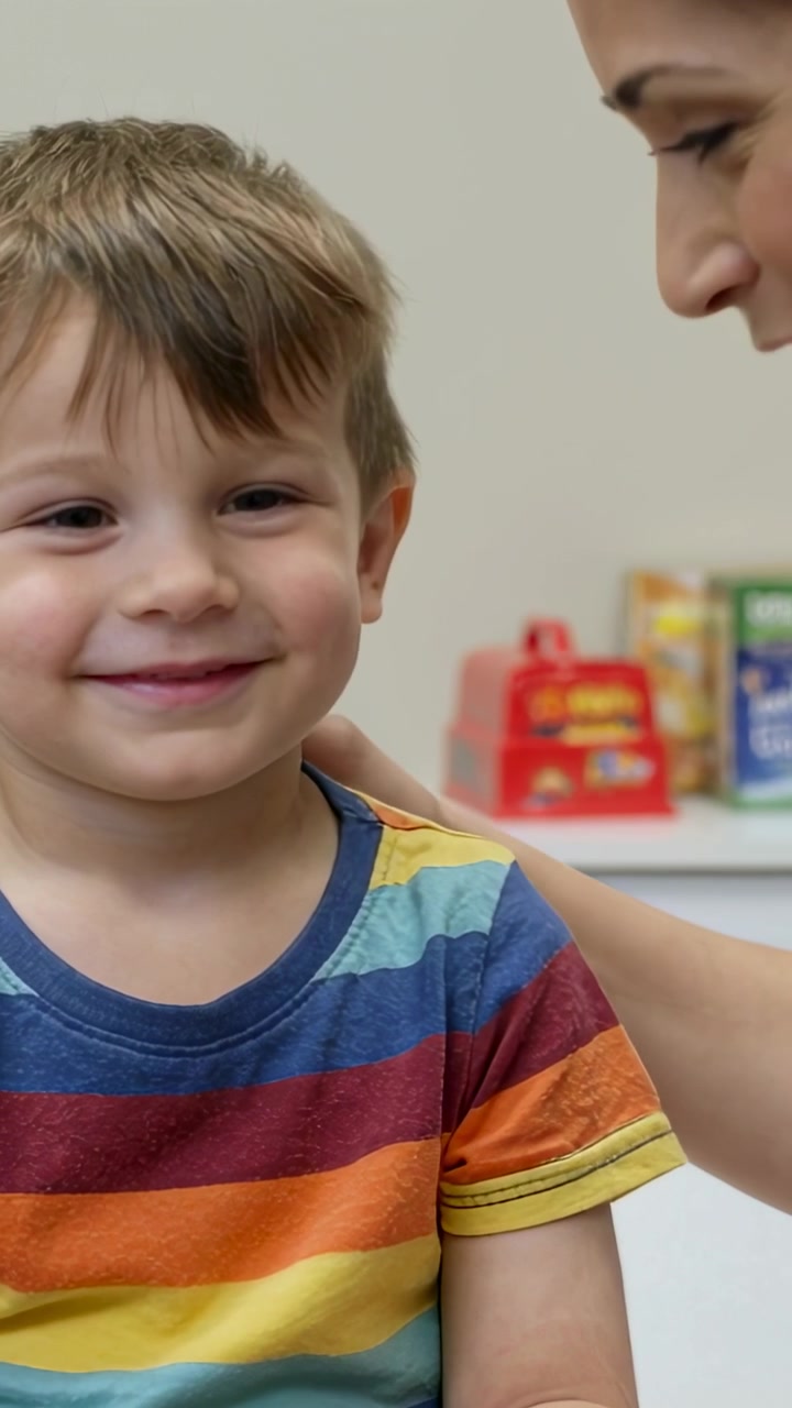 Video verticale: Bambino sorridente con maglietta arcobaleno che si gira verso l'assistente che lo rassicura con un tocco, sullo sfondo uno scaffale di clinica.