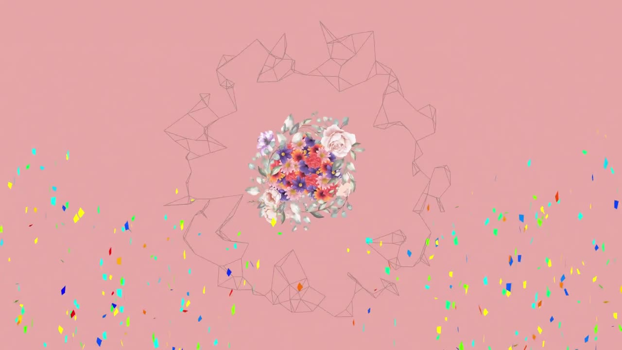 꽃 디자인 위에 떨어지는 콘페티와 분홍색 배경에 회전하는 추상적인 기하학 디자인