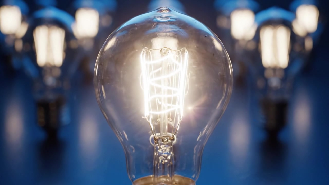 Ispirazione luminosa: Un'esposizione unica di lampadine vintage che irradiano luce brillante su uno sfondo blu scuro, creando una scena visiva accattivante.