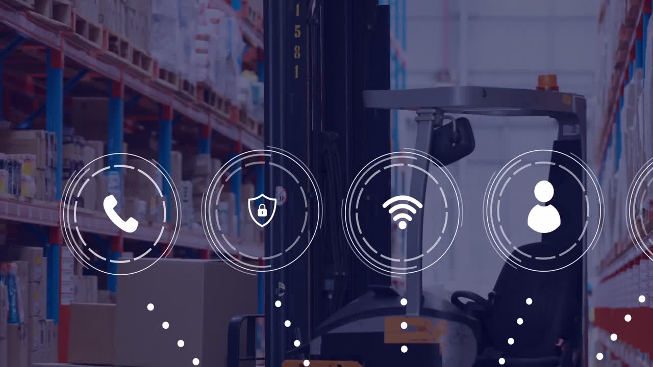 animación de la red de conexiones con iconos sobre el almacén