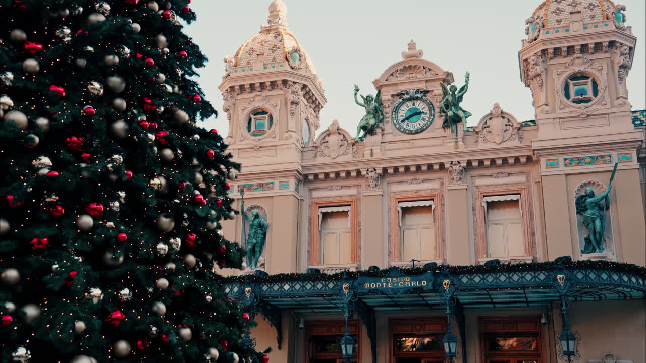 Monte Carlo , Monaco -December 23, 2024: Decorations on a Christmas tree in front of the Monte Carlo Casino