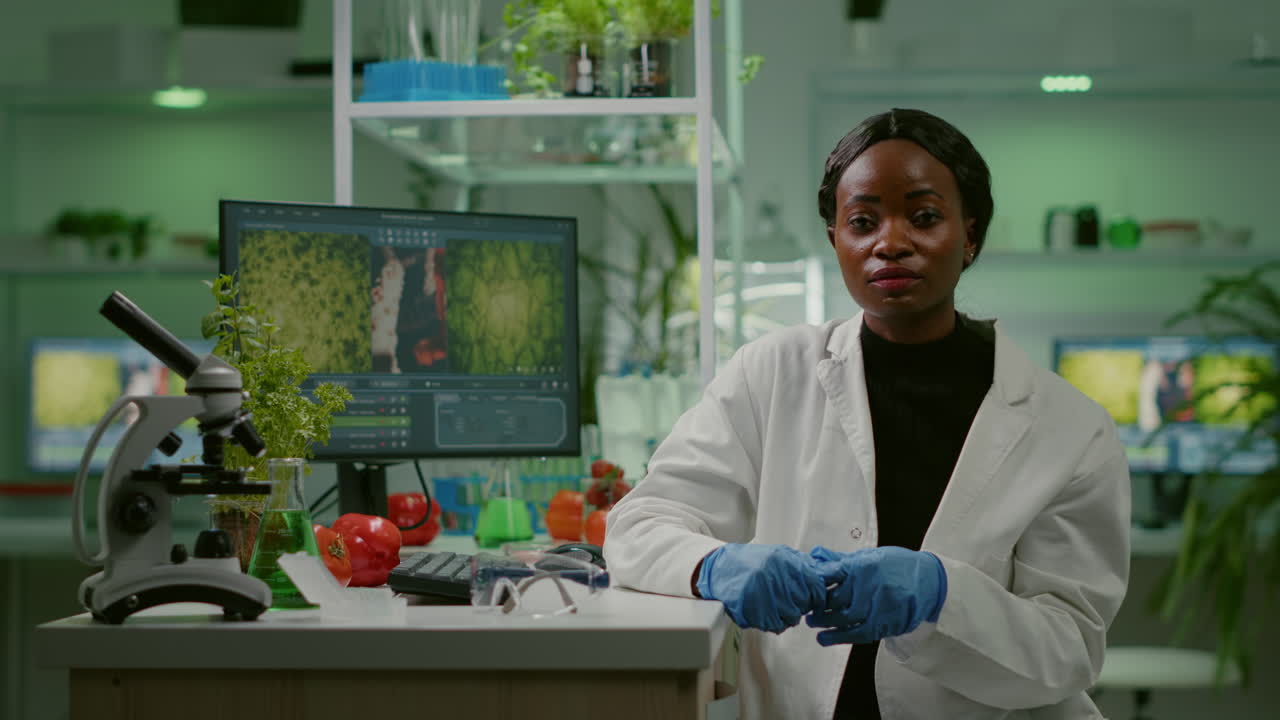 Pov of botanist researcher woman explaining botany experiment during online videocall