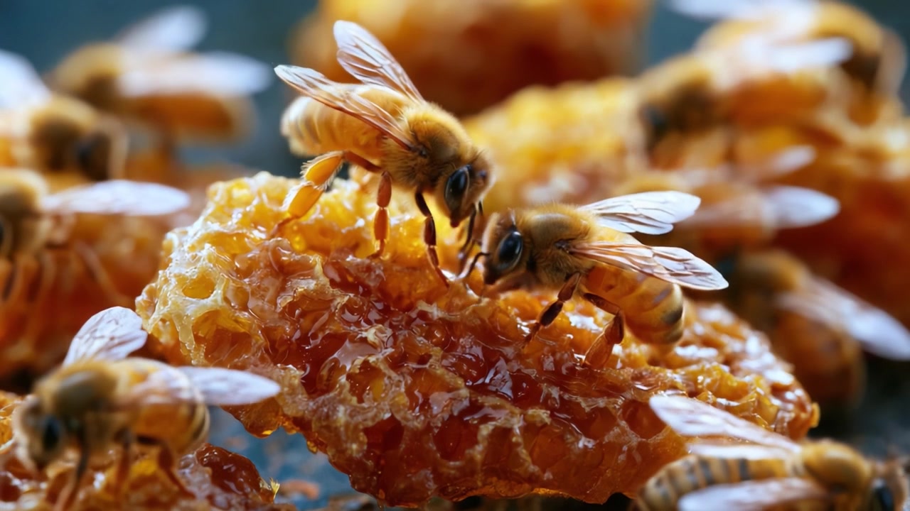 Un'esplorazione ravvicinata di api che raccolgono miele da un favo, mostrando i dettagli intricati e l'attività di questi impollinatori essenziali in natura.