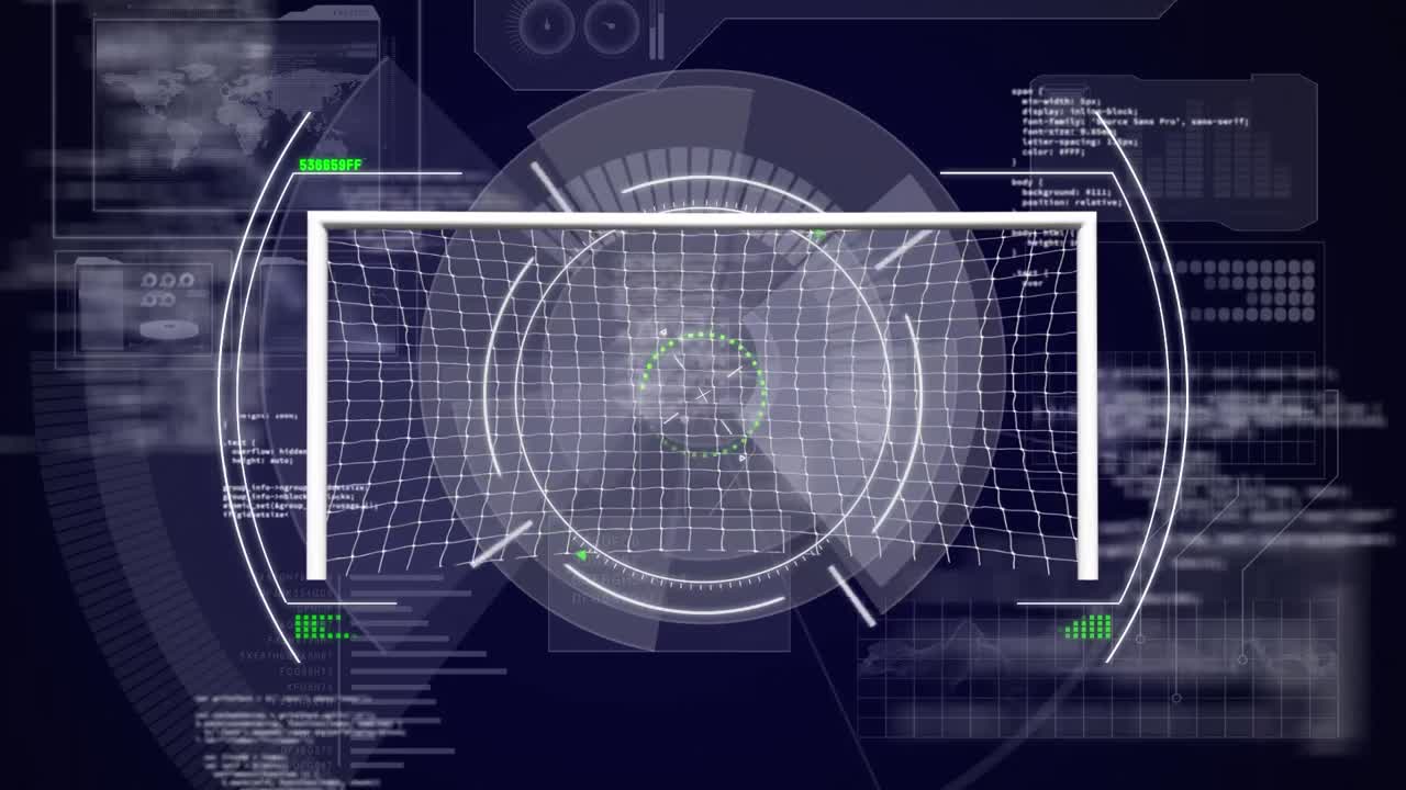 animación de escáneres y procesamiento de datos sobre la portería de fútbol