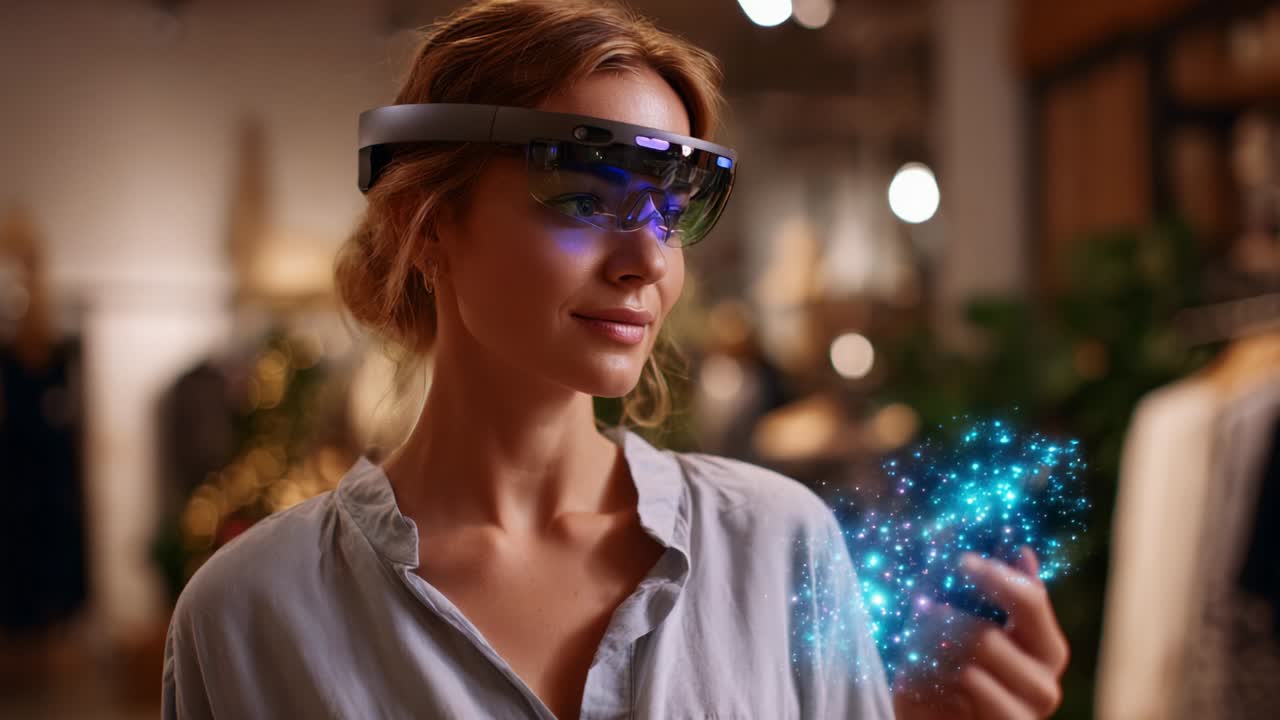 Una donna che indossa occhiali per la realtà aumentata interagisce con una sfera di luce fluttuante, combinando tecnologia e creatività in un moderno ambiente di vendita al dettaglio, mostrando il futuro delle esperienze di shopping