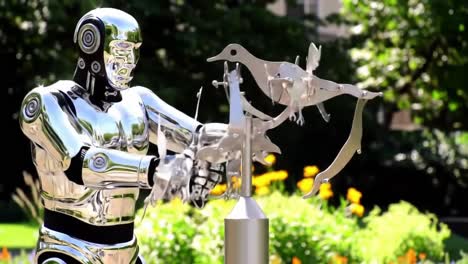a chrome-plated robot interacting with an intricate kinetic sculpture displaying birds, demonstrating a blend of technology and art in a garden setting