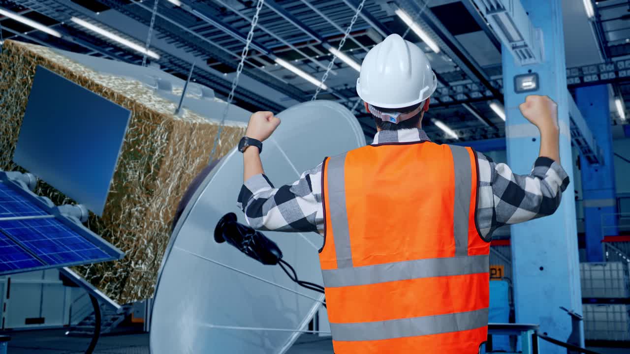 ingeniero celebrando la instalación de la antena parabólica