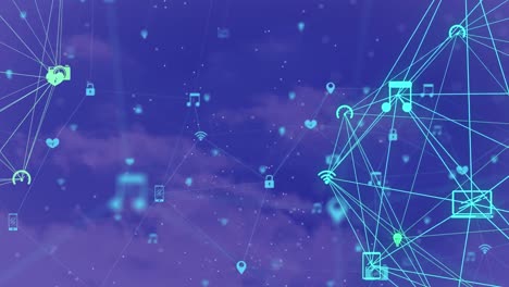 Animation of network of connections with icons on blue background