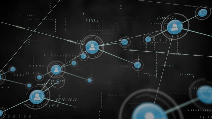 Animation of network of connections with icons over data processing