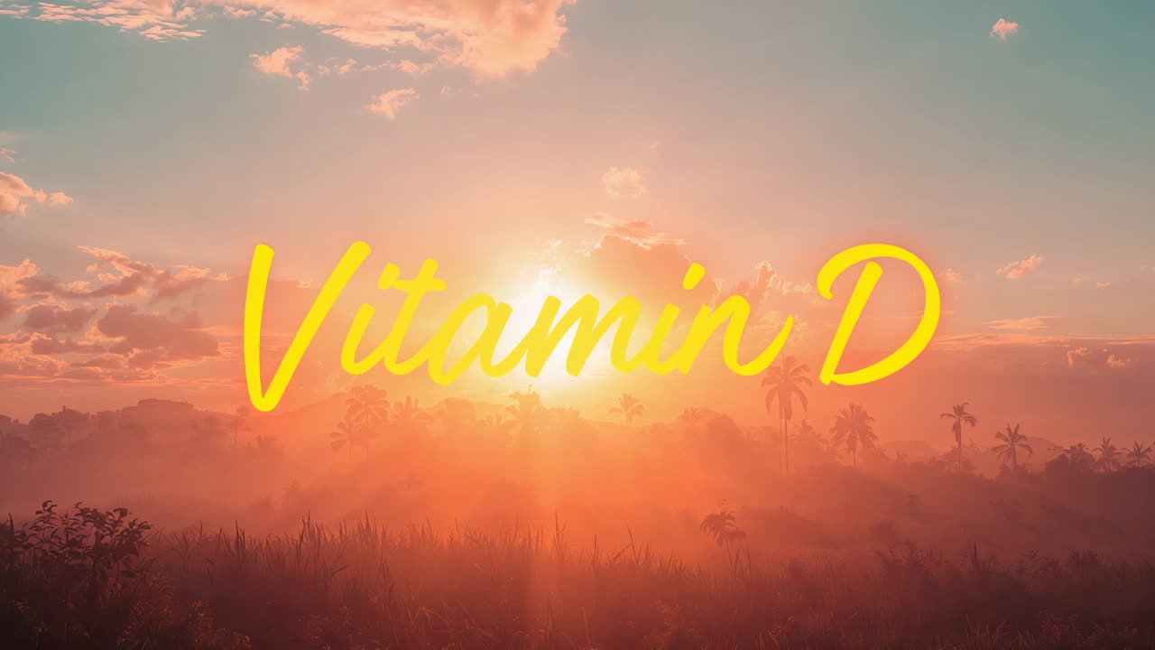 Glowing yellow cursive Vitamin D remaining centered over tropical sunrise, sun rising lighting mist