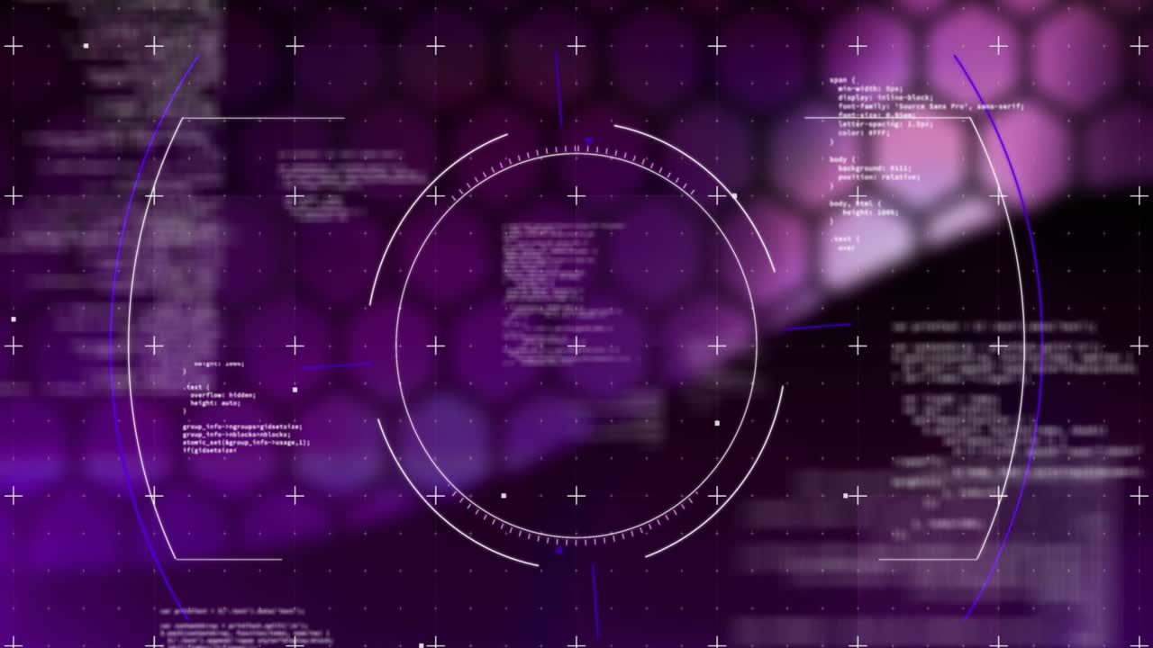 Animation of data processing and scope scanning on pink and black background