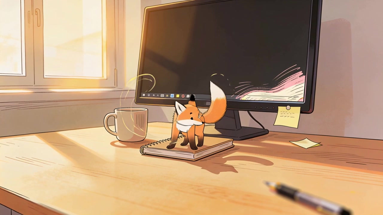 Volpe arancione illuminata dal sole che scende dal monitor su un notebook sulla scrivania, esplorando vicino a una tazza