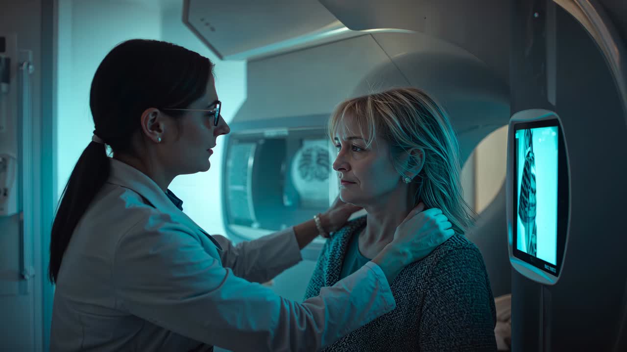Posizionamento pre-scansione, medico con camice da laboratorio, stetoscopio che allinea il paziente per una scansione toracica tramite TAC in radiologia