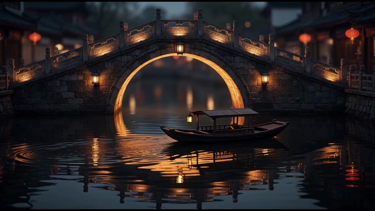 Barca Tradizionale Cinese che Naviga Sotto un Ponte ad Arco in Pietra di Notte