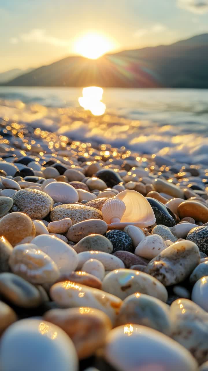 Video con inquadratura dal basso di una spiaggia illuminata dal sole con ciottoli e conchiglie, che cattura un tramonto sereno.