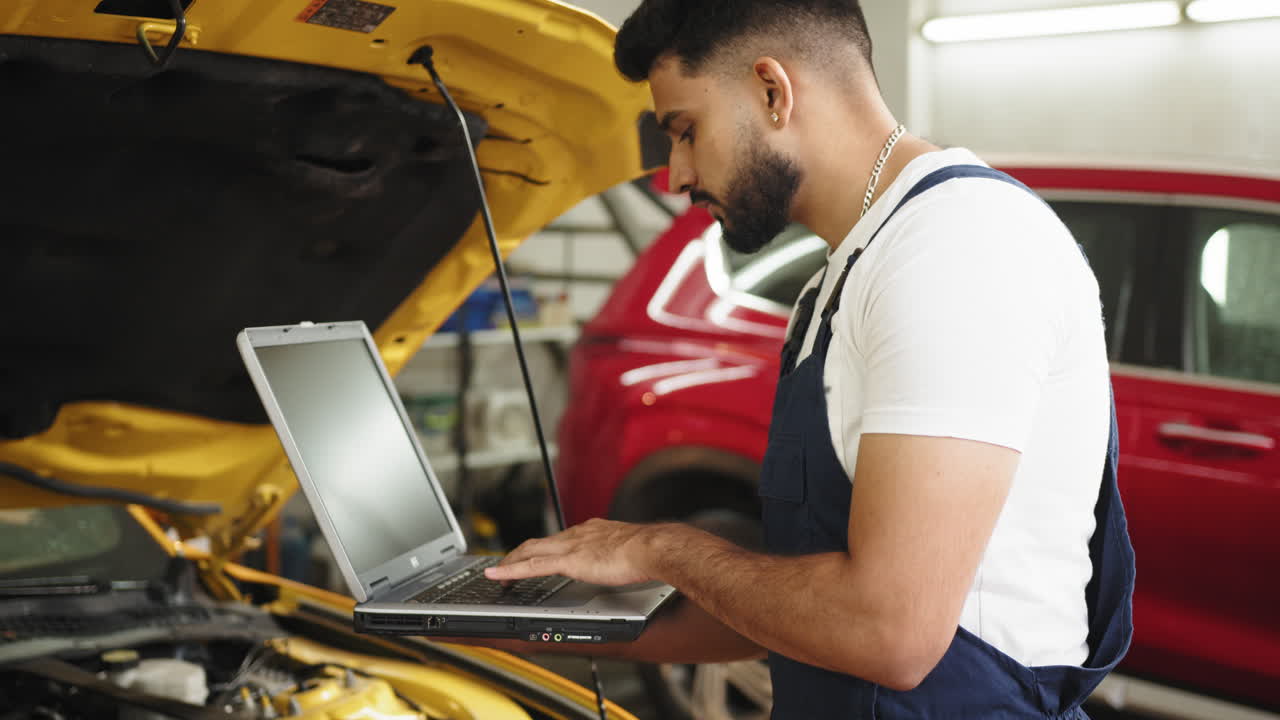 mecánico usando una computadora portátil para diagnosticar un coche