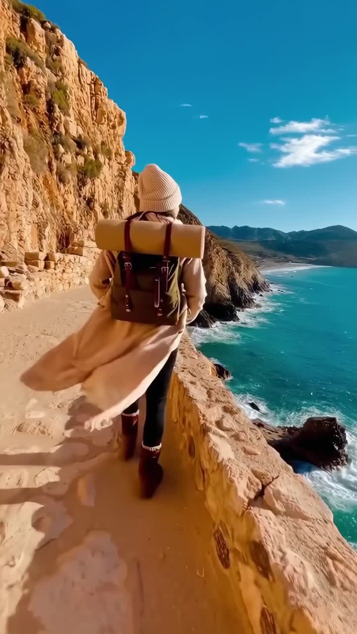 Luchtvideo van een wandelaar op een kustpad, met schilderachtige kliffen en de oceaan.