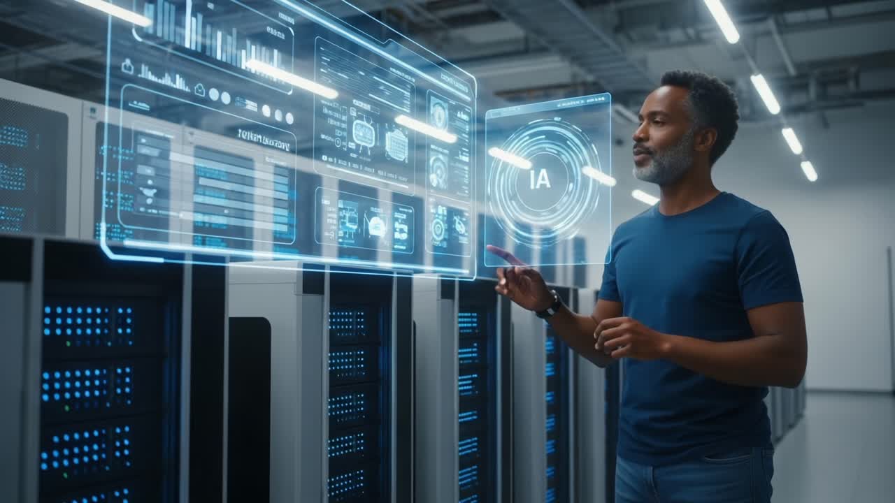 A tech professional engages with advanced holographic data displays in a modern data center, showcasing the intersection of artificial intelligence and cloud computing technology