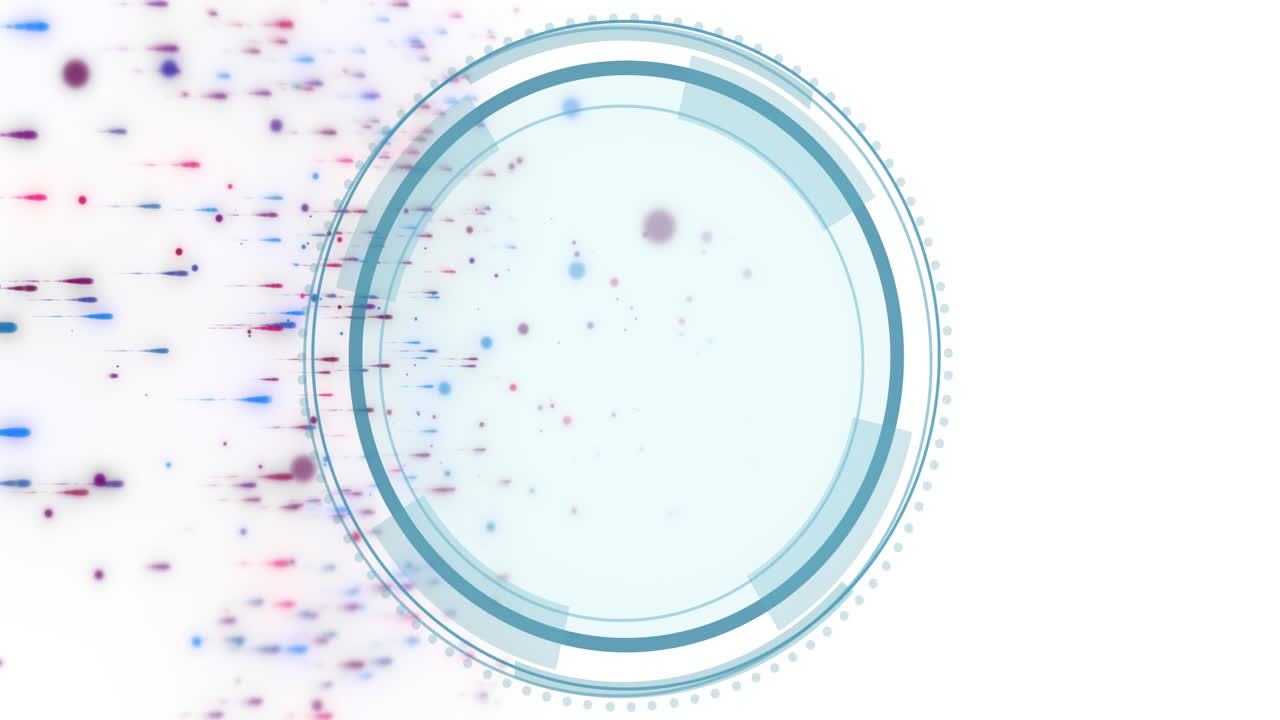 animación de un escáner circular con icono de escudo que procesa las partículas de color en movimiento