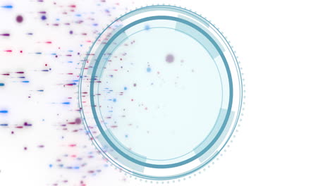 animation of circular scanner with shield icon processing over moving coloured particles