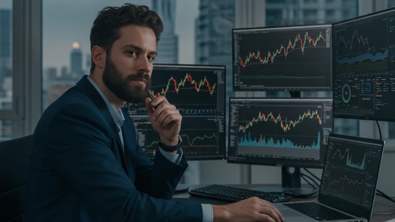 Focused Male Analyst Analyzing Market Trends and Financial Data on Multiple Screens in a Modern Office Setting