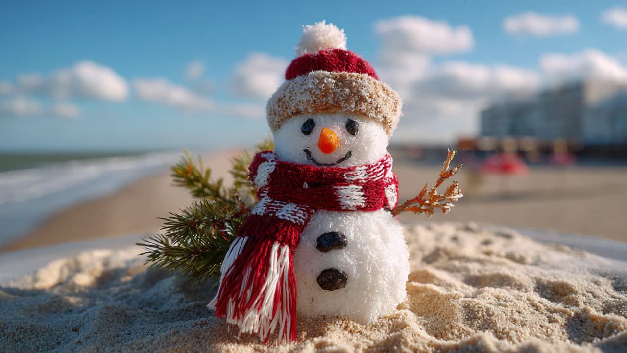 A Charming Snowman on a Beach: Embracing the Unusual Combination of Winter Holiday Cheer and Summer Vibes with a Playful Sandy Backdrop