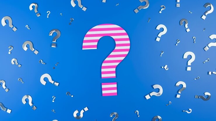 Animating metallic marks orbiting central pink-striped question mark on blue backdrop for motion