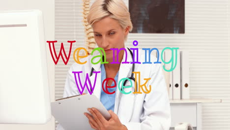 animation of weaning week text over caucasian female doctor