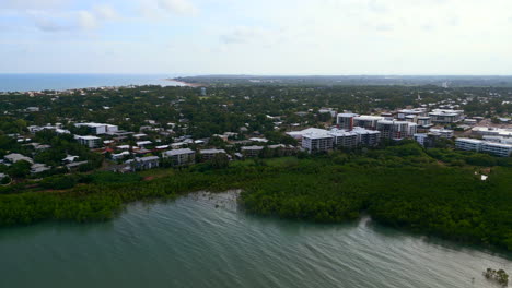 Aerial-Drone-of-Nightcliff-Coastal-Suburb-and-Mangrove-Lined-Shoreline-Darwin-NT-Australia