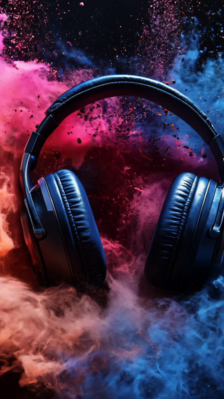 A pair of headphones is in the middle of a colorful explosion of smoke. The headphones are surrounded by a cloud of blue, red, and orange smoke, creating a vibrant and dynamic scene