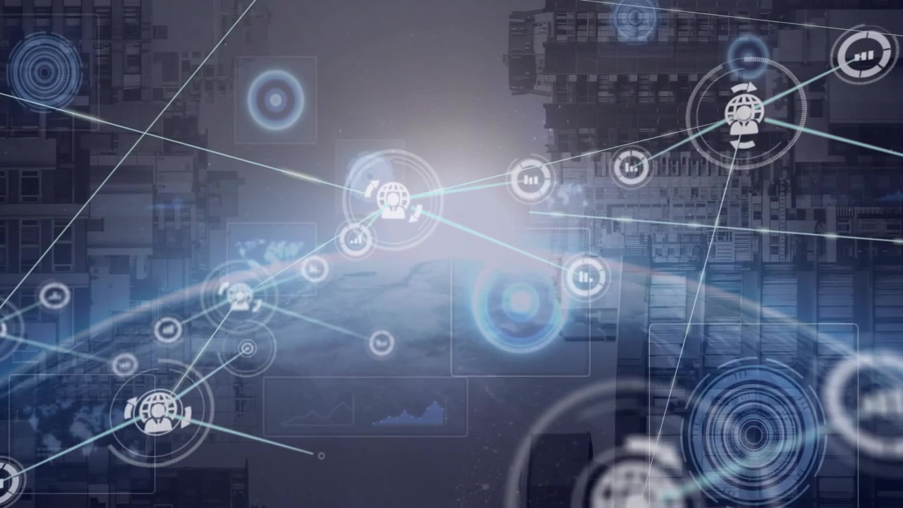 Analista che naviga una rete tecnologica sopra un paesaggio urbano, collegando icone di analisi dati