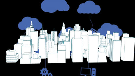 animación de paisaje urbano 3d girando con nubes e íconos digitales en fondo negro