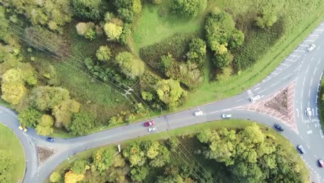 high angle aerial view above suburb traffic roads junction landscape