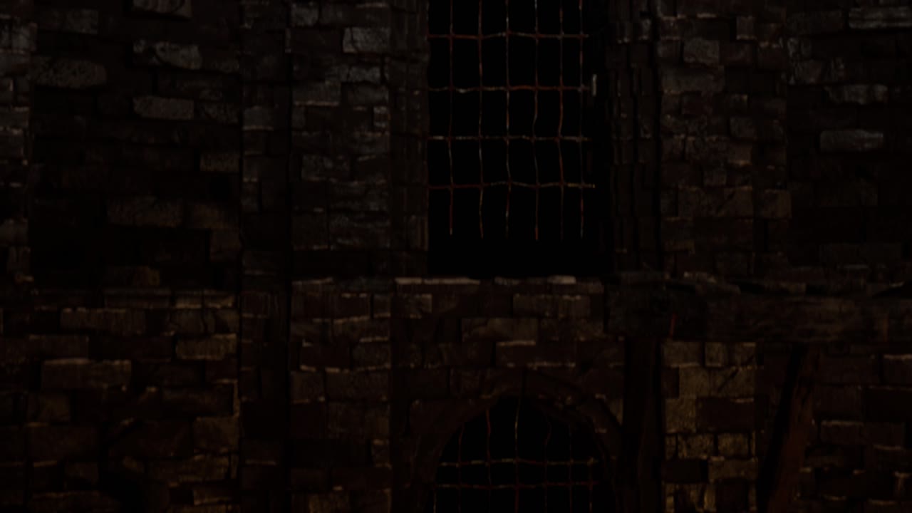 Scary dark dungeons with stone walls, old barrels, chains, car wheels, iron doors, 3D animation, camera dolly down