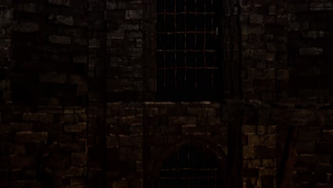 Scary dark dungeons with stone walls, old barrels, chains, car wheels, iron doors, 3D animation, camera dolly down