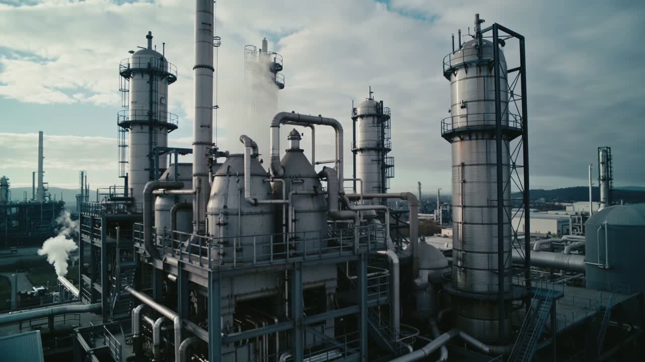 Panning camera on start at refinery revealing module, columns, right tanks, showing steam drifting