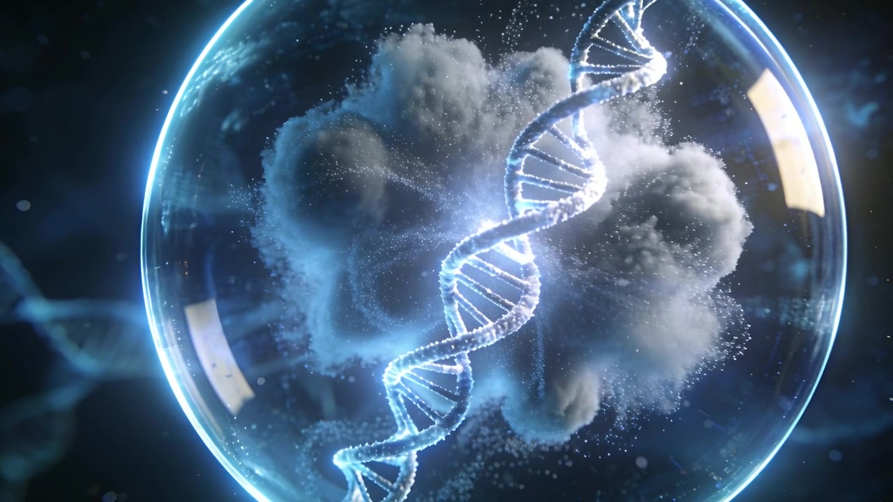 Elica di DNA blu che sale in una bolla rispondendo a un bagliore, ruotando tra particelle alla deriva nello spazio oscuro