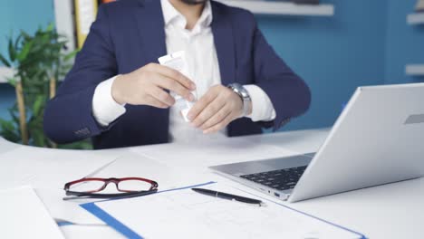 Businessman-applying-cream-on-hand,-Dry-skin-moisturizing-cream.