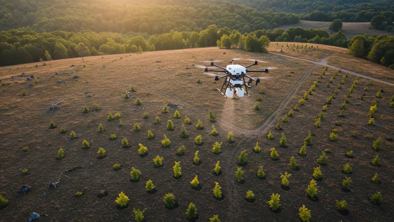 An Aerial View of a Drone Performing Agricultural Surveillance Over a Lush Landscape with Rows of Young Trees in a Serene Clearing During Golden Hour