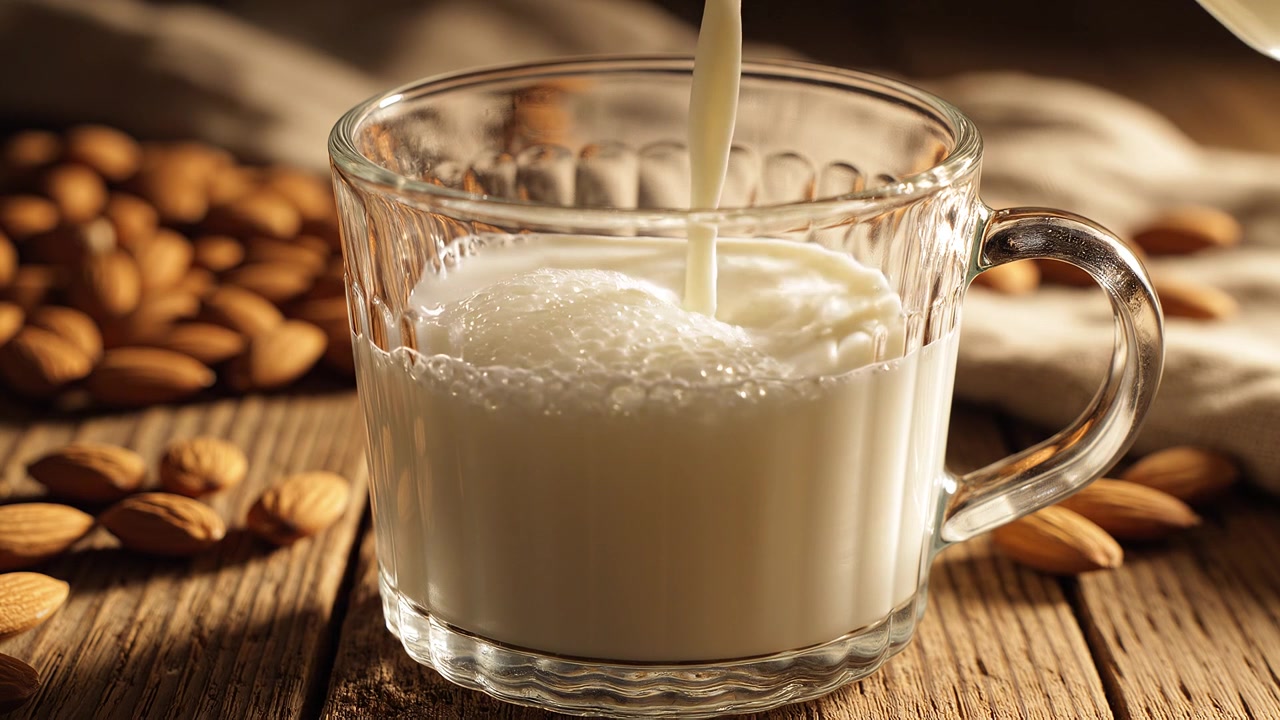 Versare latte di mandorla fresco e cremoso in una tazza di vetro