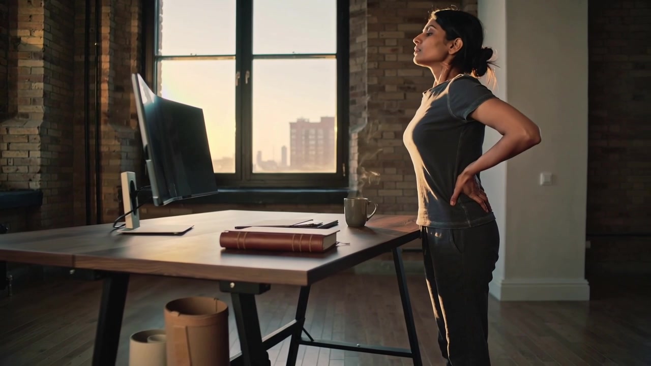 Mulher de camiseta justa sentindo dor lombar, alongando-se em uma mesa de pé perto do monitor, com espaço para texto