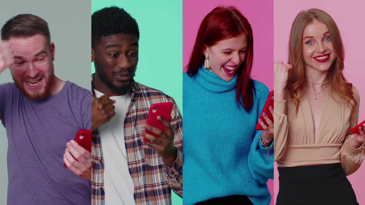 retrato vertical de pantalla múltiple de ganadores felices y emocionados hombres y mujeres usan teléfonos celulares móviles